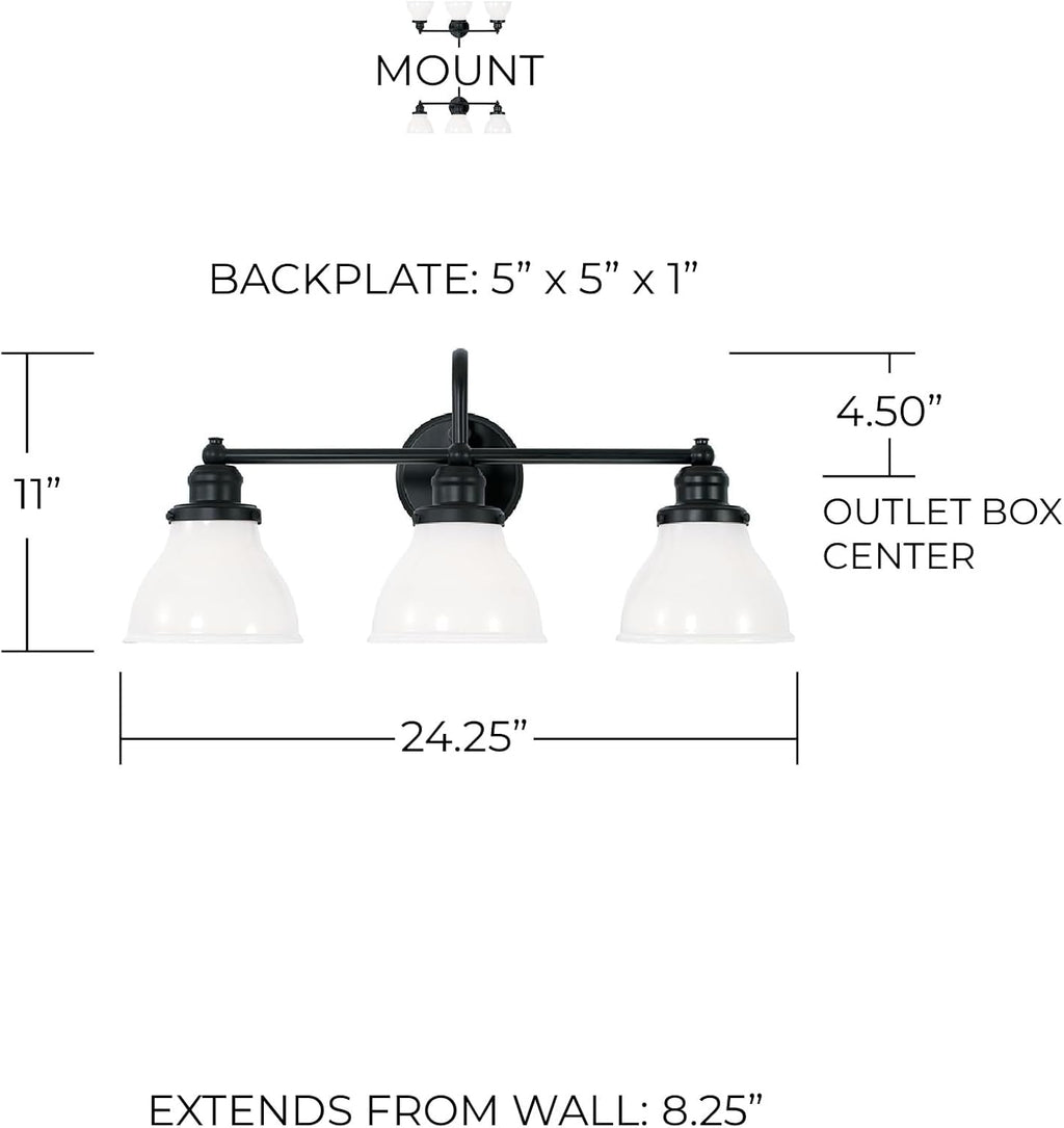 Capital Lighting 8303MB-128 Baxter Milk Glass Bath Vanity Wall Mount, 3-Light 300 Total Watts, 11" H x 24" W, Matte Black
