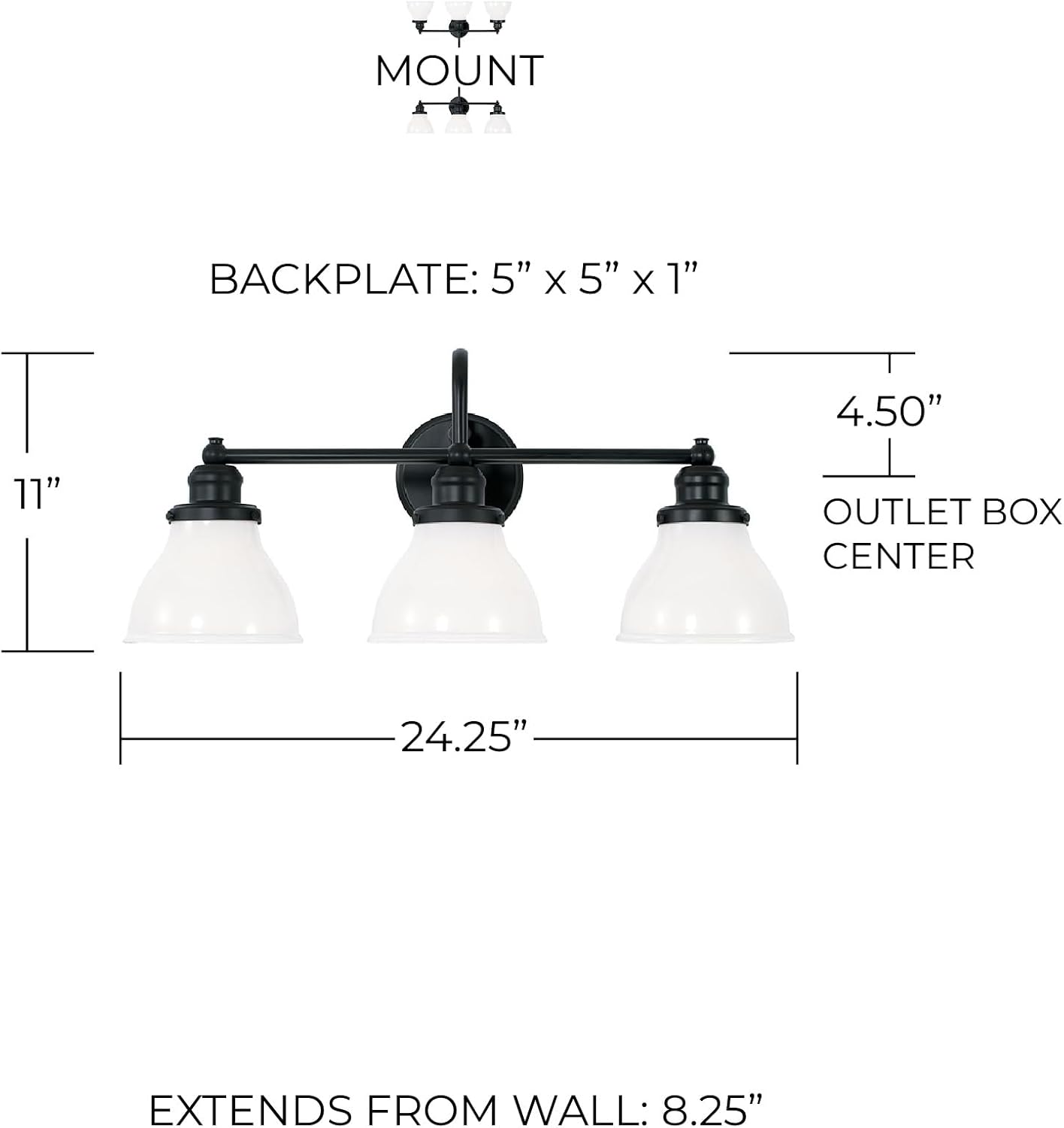 Capital Lighting 8303MB-128 Baxter Milk Glass Bath Vanity Wall Mount, 3-Light 300 Total Watts, 11" H x 24" W, Matte Black