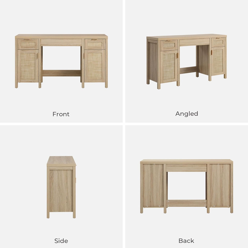 SICOTAS 52" Rattan Vanity Desk with Storage, Boho Farmhouse Makeup Dressing Table with 3 Drawers & 2 Cabinets, Wooden Home Office Desk for Bedroom, Light Oak