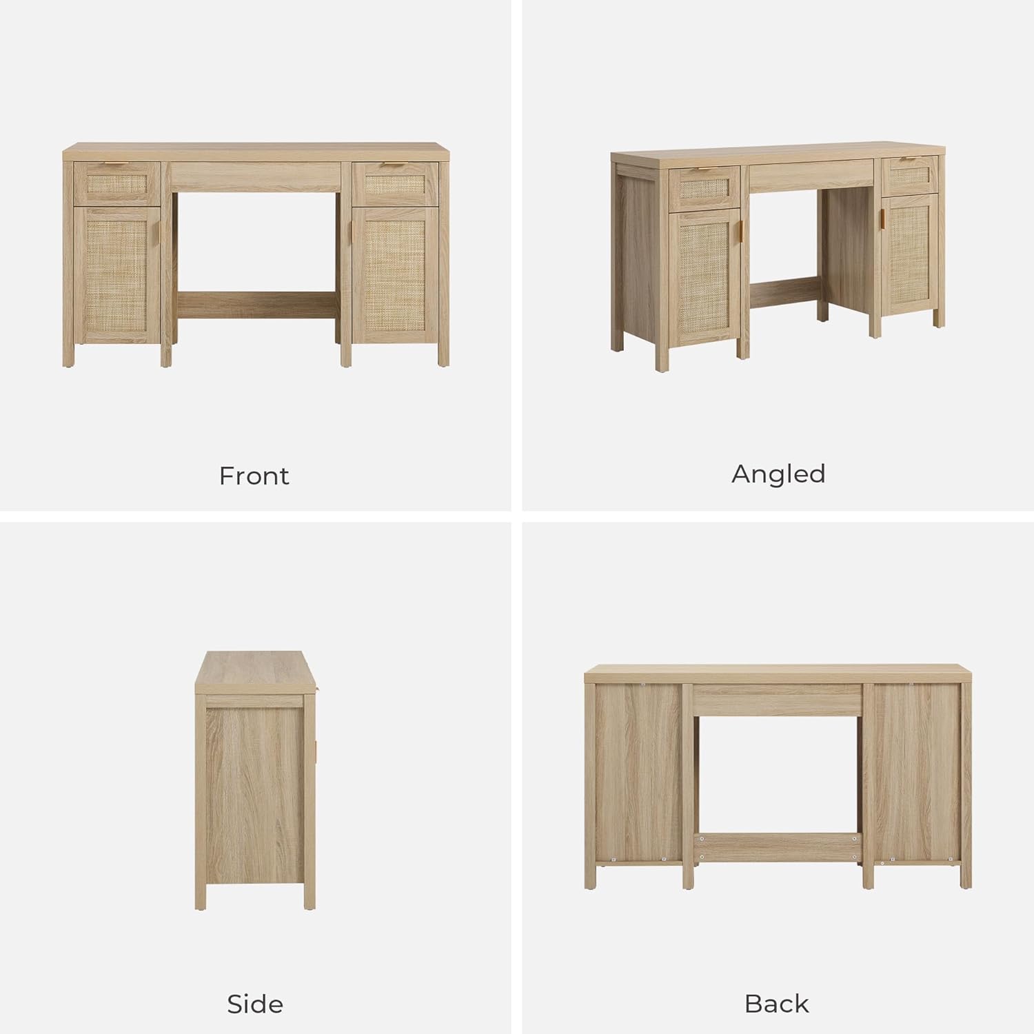 SICOTAS 52" Rattan Vanity Desk with Storage, Boho Farmhouse Makeup Dressing Table with 3 Drawers & 2 Cabinets, Wooden Home Office Desk for Bedroom, Light Oak