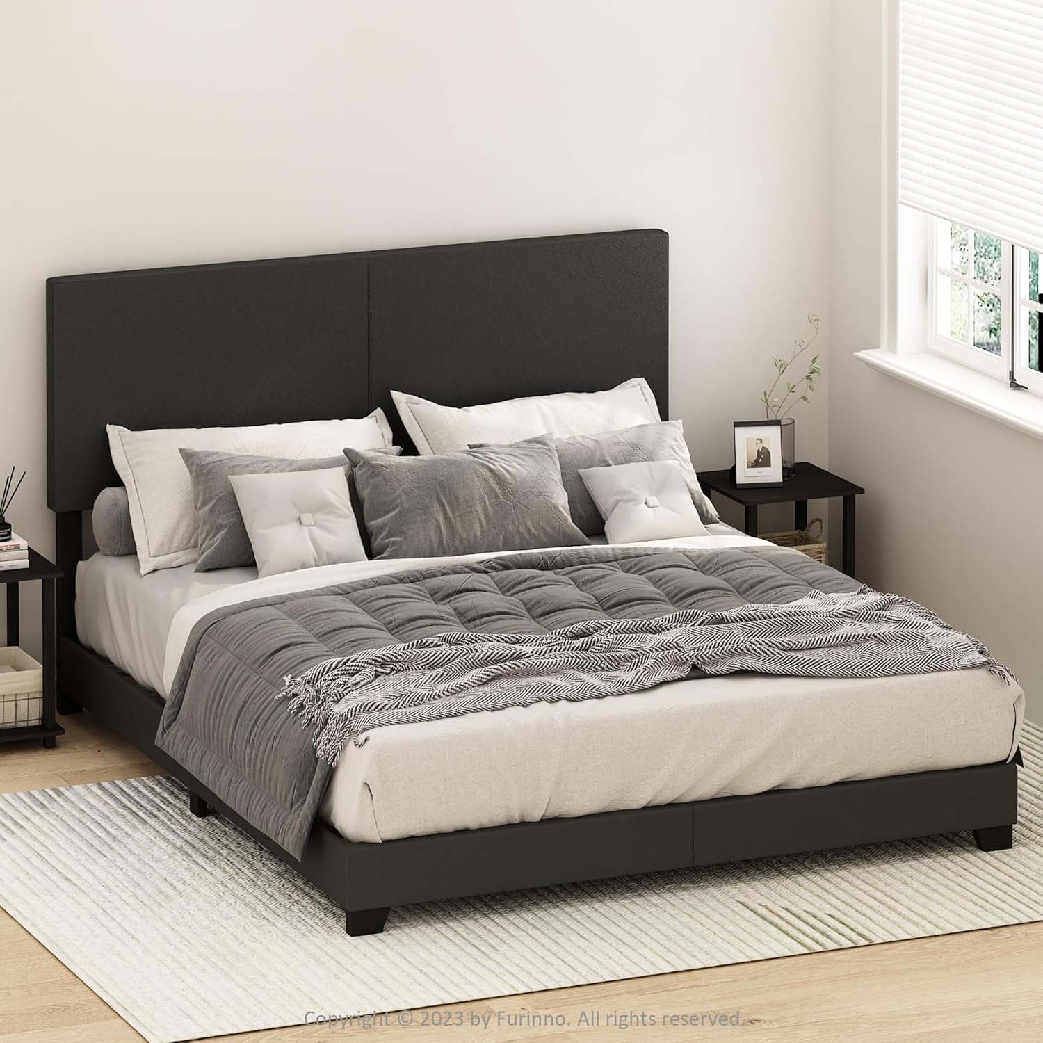 Furinno PESSAC Bed Frame, California King Size Bedframe with PU Leather Upholstery Headboard, Bed with Legs, Wooden Slat Support, Easy Assembly, for Bedroom, Dorm, Plain Black