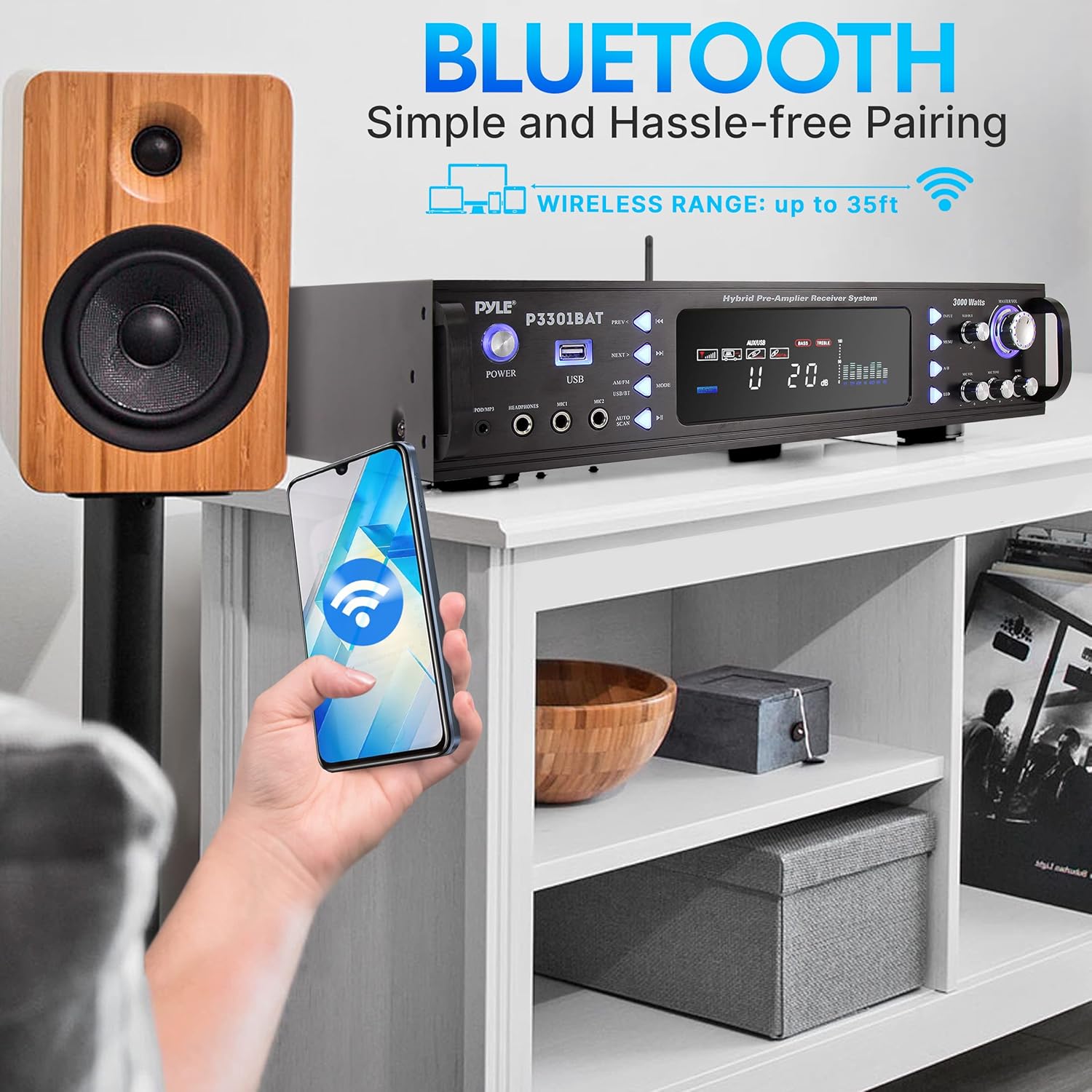 Pyle Bluetooth Home Stereo Amplifier - Hybrid Multi-Channel 3000 Watt Power Amplifier Home Audio Receiver System w/ AM/FM Radio, MP3/USB,AUX,RCA Karaoke Mic in - Rack Mount, Remote - P3301BAT