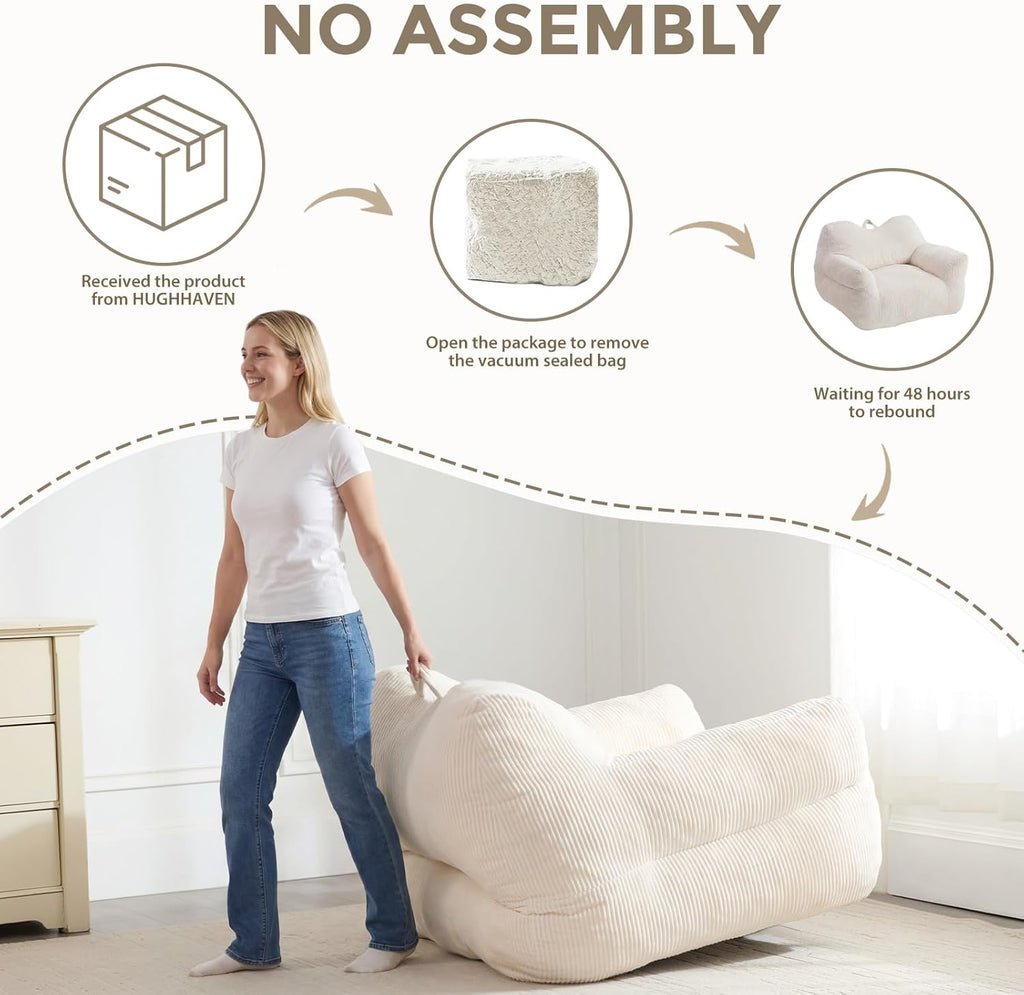 HUGHEAVEN Big Bean Bag Chair for Adults & Kids, Giant Oversized Bean Bag Couch, Comfy Reading Chair with Armrests, Soft Cozy Chair for Bedroom, Lounge Sofa for Gaming, Napping & Relaxing, Beige