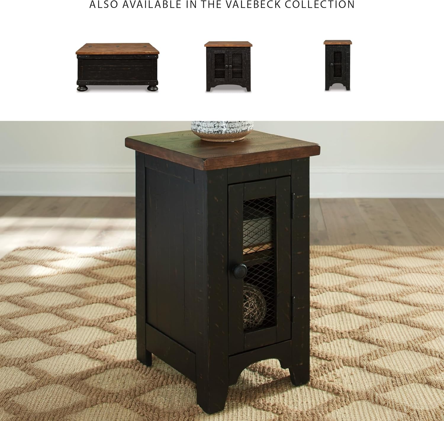 Signature Design by Ashley Valebeck Rustic Farmhouse Chair Side End Table with Cabinet Door, Distressed Black