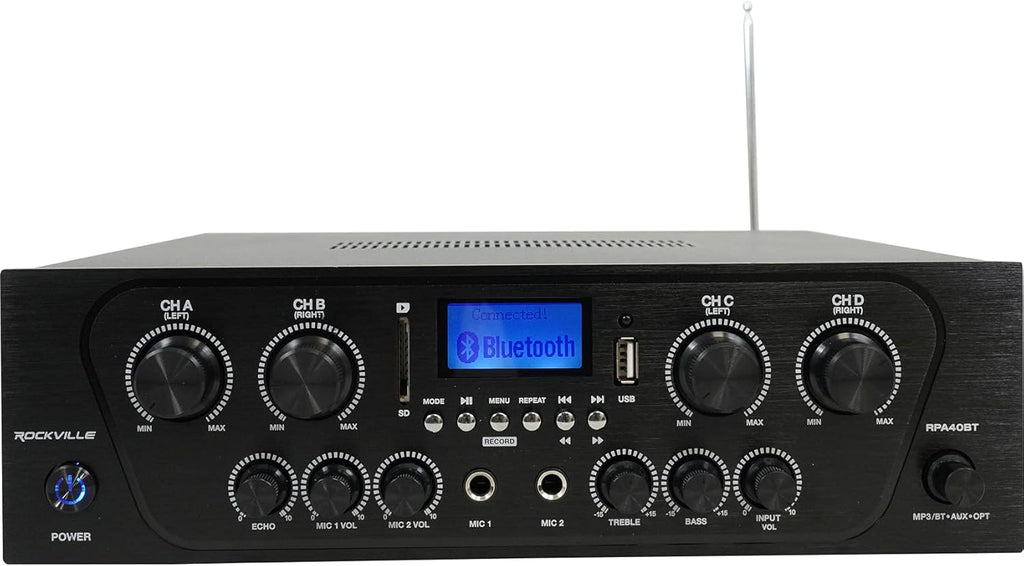 Rockville RPA40BT 1000W 4-Zone Home Stereo Bluetooth Amplifier Receiver, Multi-Room Audio, RCA/USB/SD/Optical Inputs, Mic Mixer w/Echo, FM Radio, for Home Entertainment and Small Venues