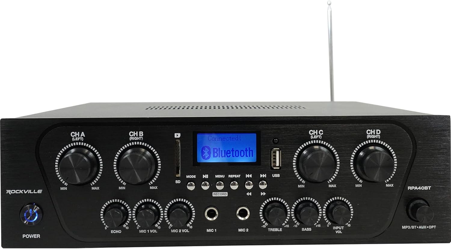 Rockville RPA40BT 1000W 4-Zone Home Stereo Bluetooth Amplifier Receiver, Multi-Room Audio, RCA/USB/SD/Optical Inputs, Mic Mixer w/Echo, FM Radio, for Home Entertainment and Small Venues