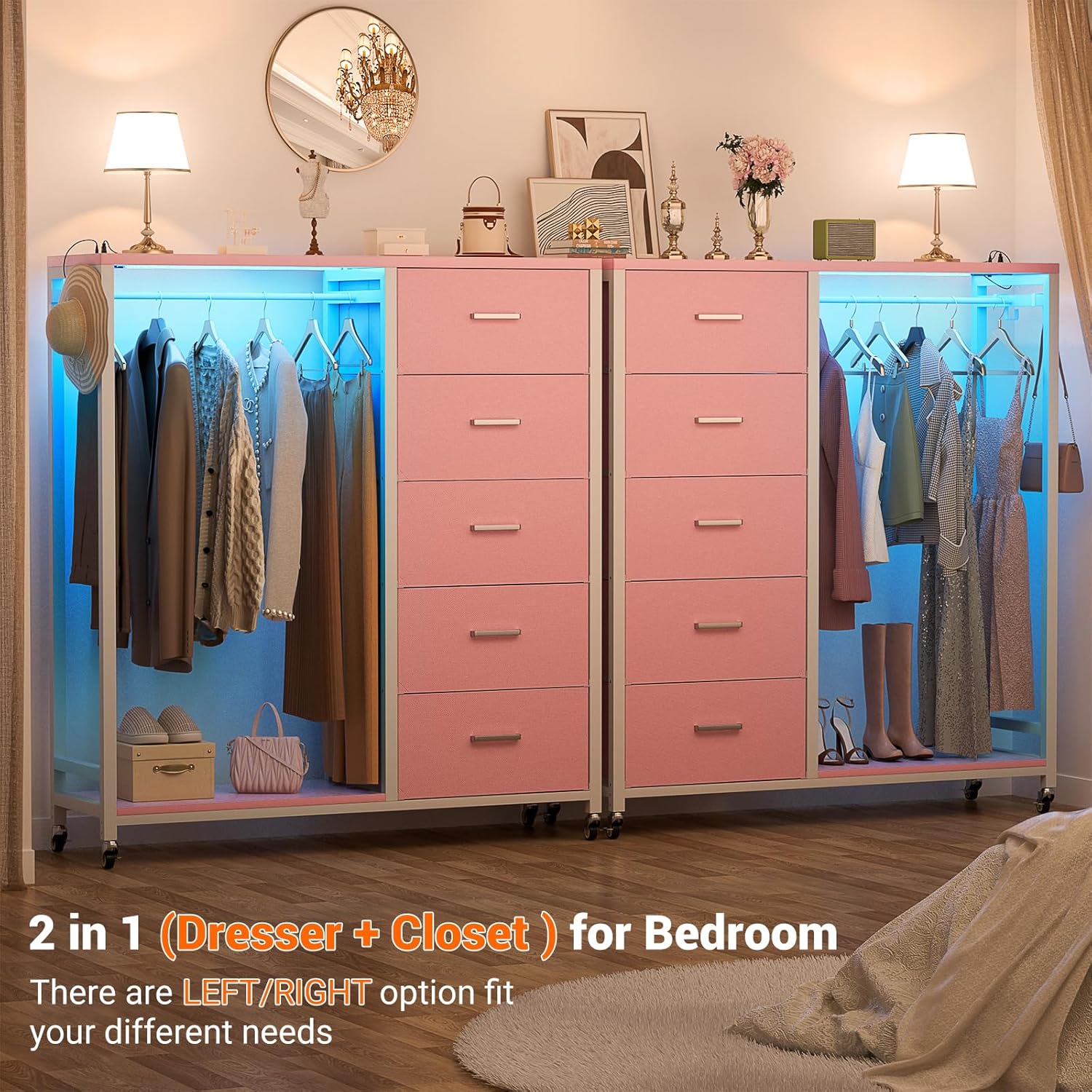 Cyclysio Dresser with Hanging Rack, 5 Fabric Drawers Dresser with Clothes Rack, Wooden Top Storage Chest of Drawers with Charging Station & LED Lights, Lockable Wheels, Closet