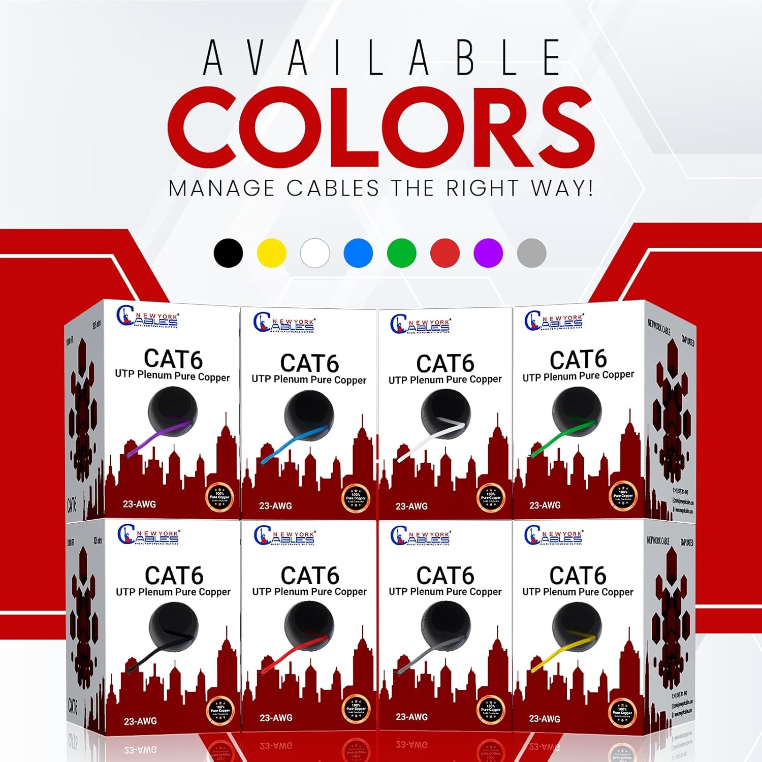 NewYork Cables CAT6 Plenum Cable 1000ft | 100% Solid Bare Copper, UTP, 550MHz, 23AWG, 4Pair 10GB Ethernet Cable, Certified CMP-Rated Bulk Cat 6 Cable for Networking & Gaming (1000ft, Pure Copper,Red)