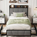 GAOMON Twin Size Bed Frame with 2 Storage Drawers and Charging Station, Rustic Linen Upholstered Platform Bedframe with Storage Headboard, Heavy Duty, No Box Spring Needed, Easy Assembly, Noise Free