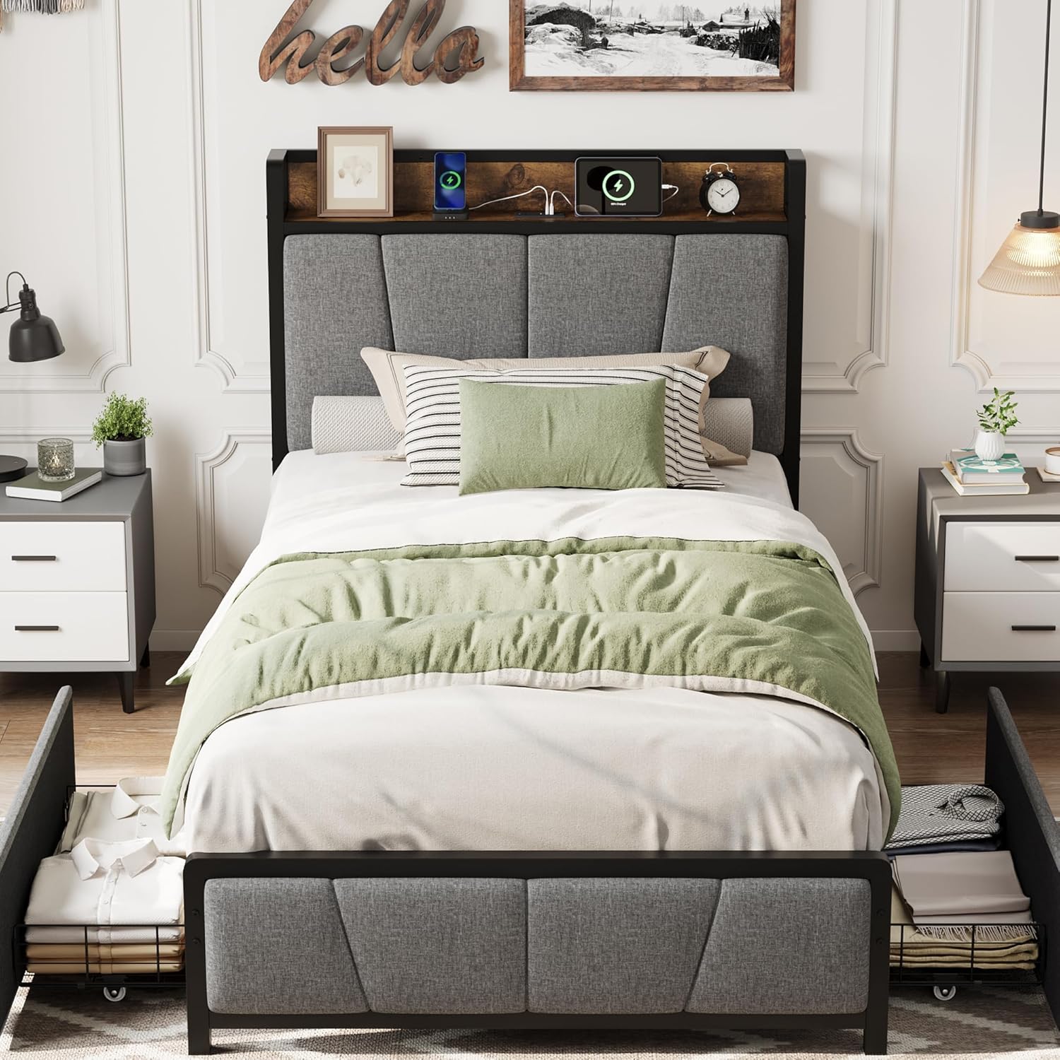 GAOMON Twin Size Bed Frame with 2 Storage Drawers and Charging Station, Rustic Linen Upholstered Platform Bedframe with Storage Headboard, Heavy Duty, No Box Spring Needed, Easy Assembly, Noise Free