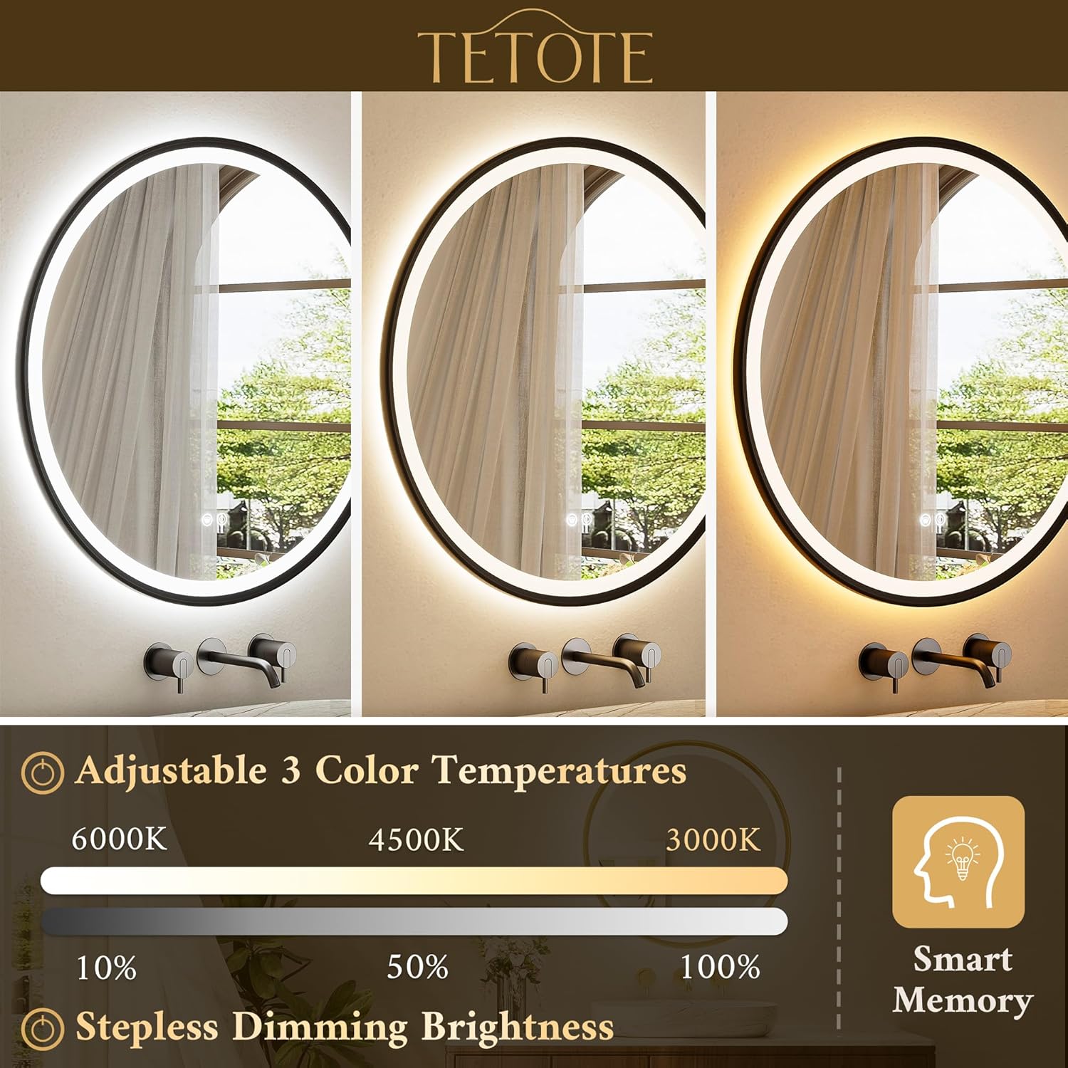 TETOTE Round Led Lighted Bathroom Mirror Matte Black Frame 24 Inch Front and Backlit Circle Round Light up Vanity Mirror with Lights, 3 Color Illuminated Dimmable Anti Fog Wall Mount, IP54 CRI 90+