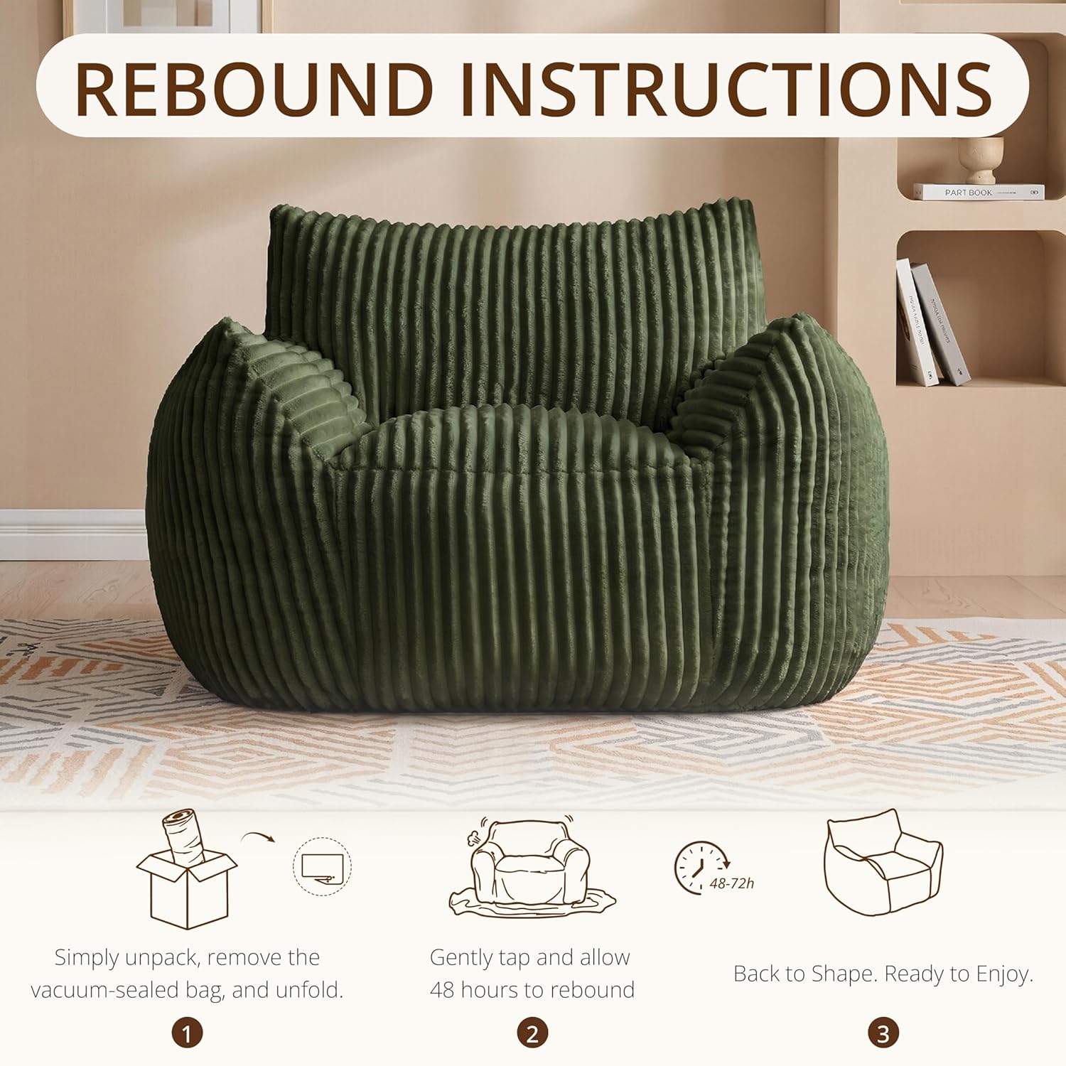 Bean Bag Chair with Armrests, Comfy Corduroy Beanbag Sofa for Adults, Stuffed Floor Accent Chair for Living Room, Bedroom, Green, Single