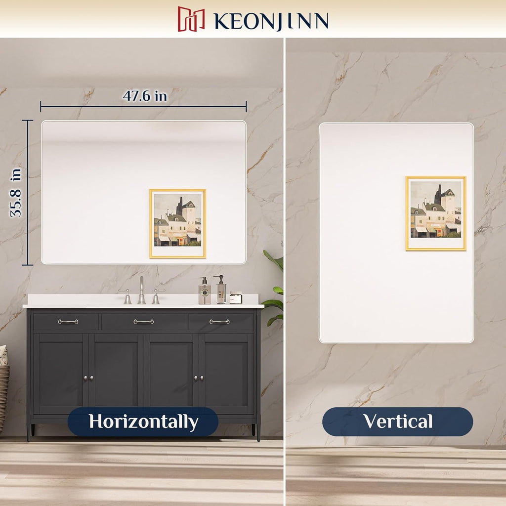 Keonjinn 48 x 36 Brushed Nickel Bathroom Vanity Mirror, Large Rounded Rectangle Bathroom Mirrors for over Sink, Metal Framed Silver Mirror for Wall, Shatterproof HD Tempered Glass(Horizontal/Vertical)