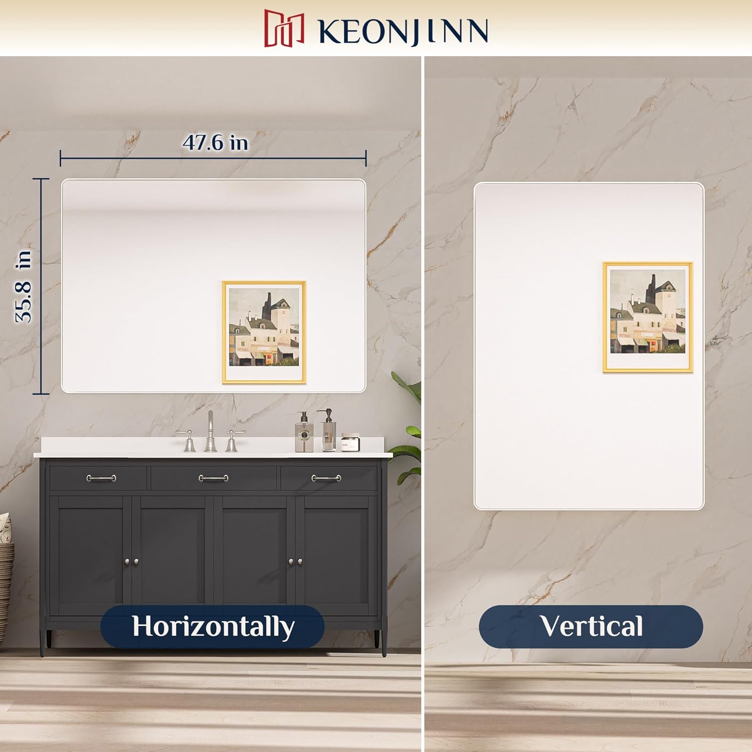 Keonjinn 48 x 36 Brushed Nickel Bathroom Vanity Mirror, Large Rounded Rectangle Bathroom Mirrors for over Sink, Metal Framed Silver Mirror for Wall, Shatterproof HD Tempered Glass(Horizontal/Vertical)