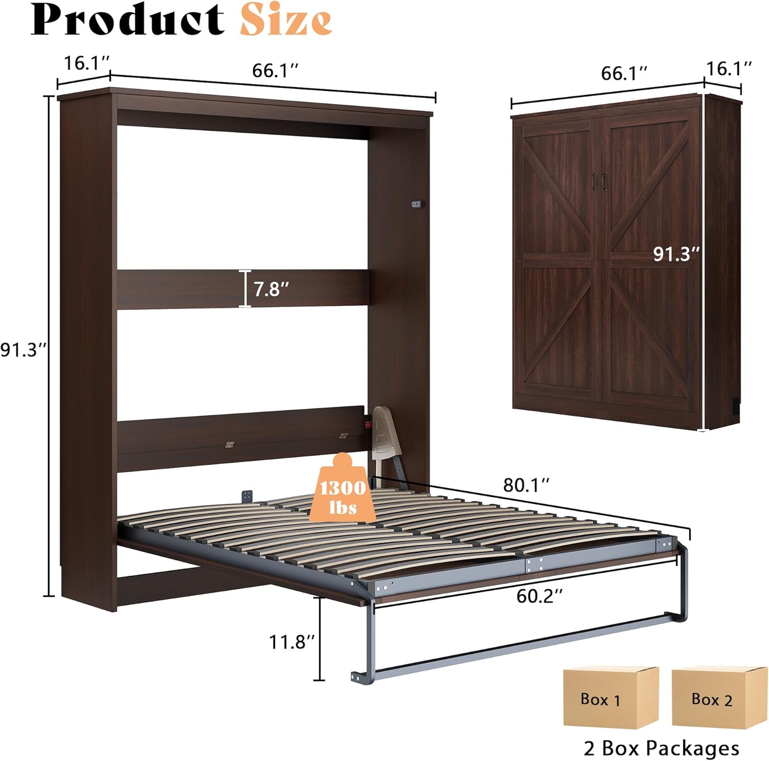 AMERLIFE Queen Size Murphy Bed with LED Light, Farmhouse Foldable Wall Bed with Charging Station & Gas Struts, Space-Saving Hidden Bedframe for Guest Room, Bedroom & Home Office, Brown