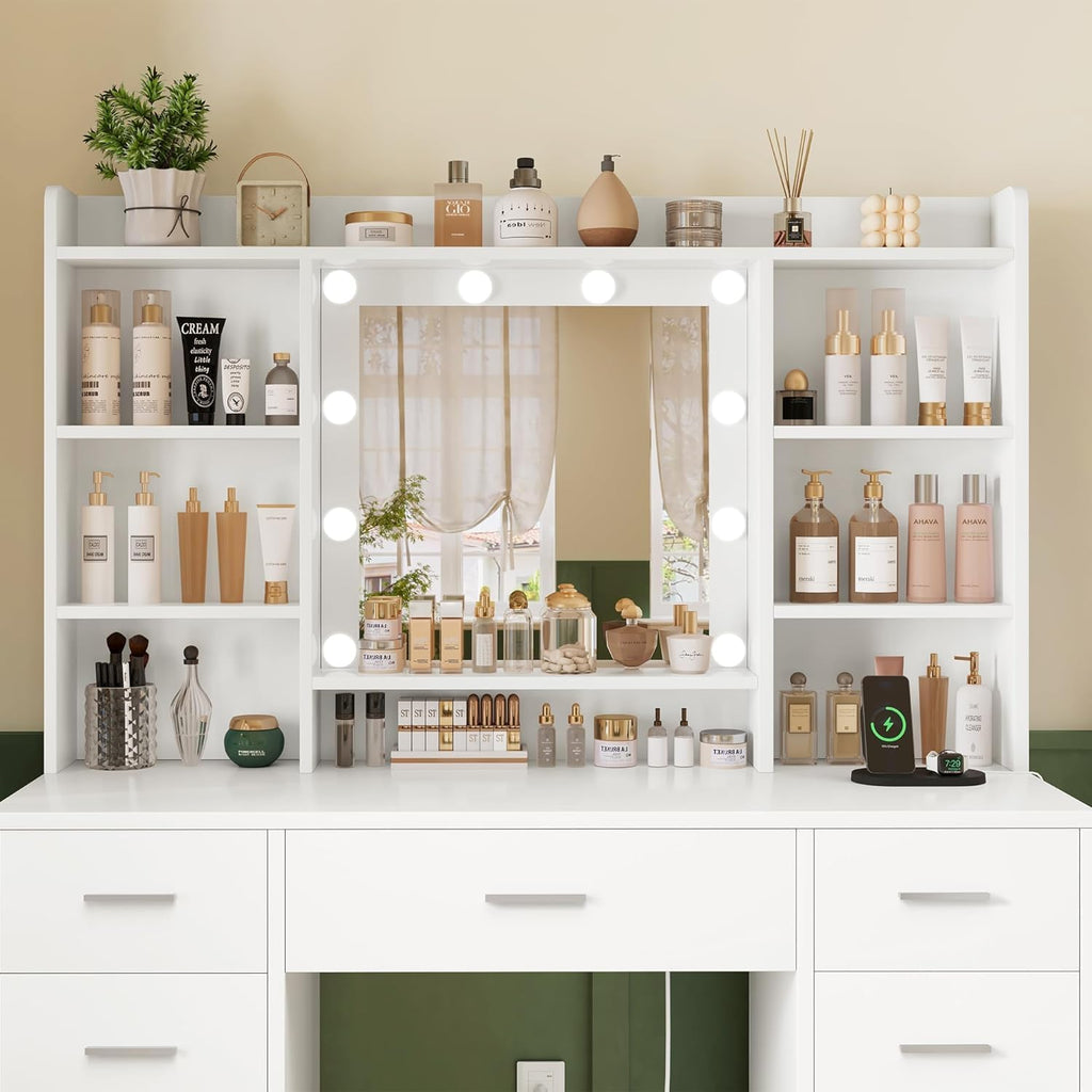 FIONESO Vanity Desk with Mirror and Lights, Power Outlet, Makeup Vanity with 9 Drawers & 6 Open Storage Shelves, 3 Lighting Modes Brightness Adjustable, White
