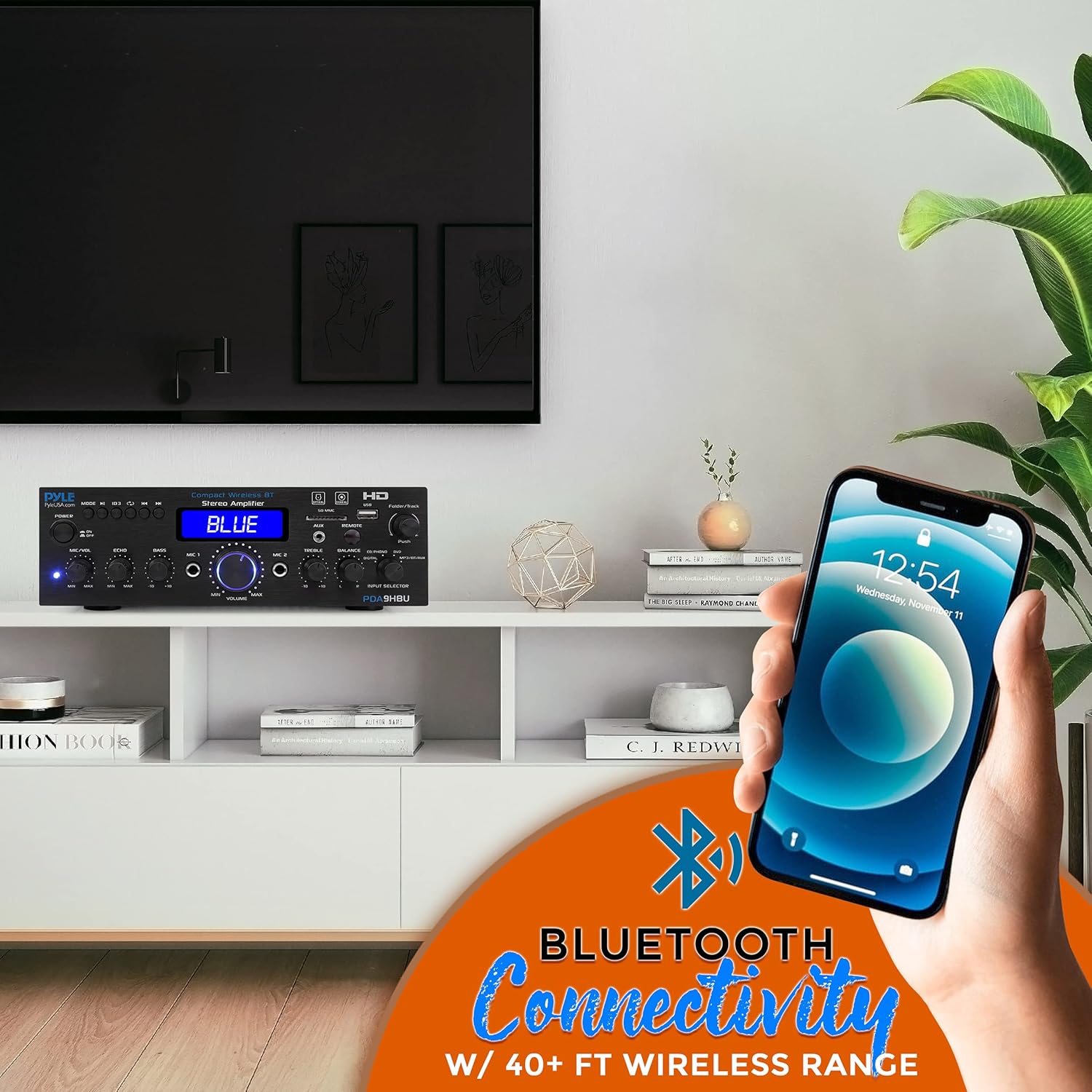 PyleUsa Wireless Bluetooth Home Stereo Amplifier - Multi-Channel 200 Watt Power Amplifier Home Audio Receiver System w/ HDMI, Optical/Phono/Coaxial,FM Radio, USB/SD, AUX, RCA,Mic in Remote - PDA9HBU.6
