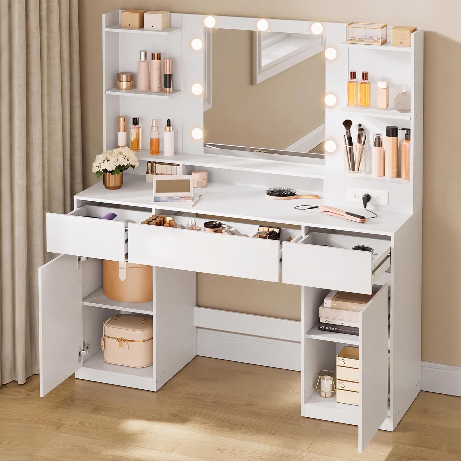 VASAGLE Kailyn Collection - Vanity Desk with Mirror and 9 LED Bulbs, Vanity Makeup Table with Power Outlets, Dressing Table with 2 Cabinets, for Bedroom, Cloud White URDT142WB01S