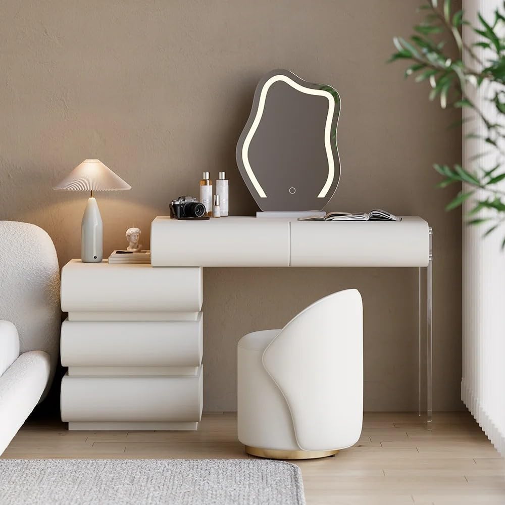 homary White Makeup Vanity Set with LED Mirror and Dressing Stool, Modern PU Leather Dressing Table with Drawers for Bedroom, Ideal for Women Girls (White)