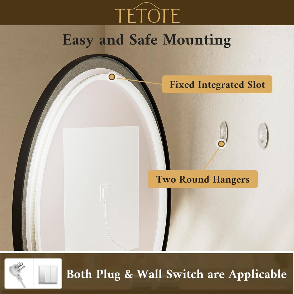 TETOTE Round Led Lighted Bathroom Mirror Matte Black Frame 24 Inch Front and Backlit Circle Round Light up Vanity Mirror with Lights, 3 Color Illuminated Dimmable Anti Fog Wall Mount, IP54 CRI 90+