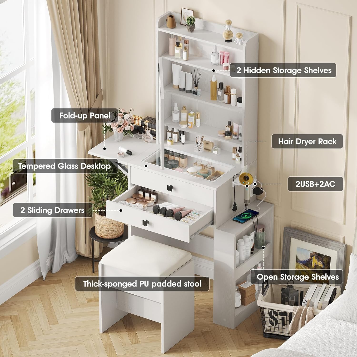 Vabches Small Makeup Vanity Desk with 3 Adjustable Lighted Mirror, White Vanity Set with Fold-up Panel and Charging Station, Glass Top Dressing Table with Drawers and Chair, 2 Hidden Storage Shelves
