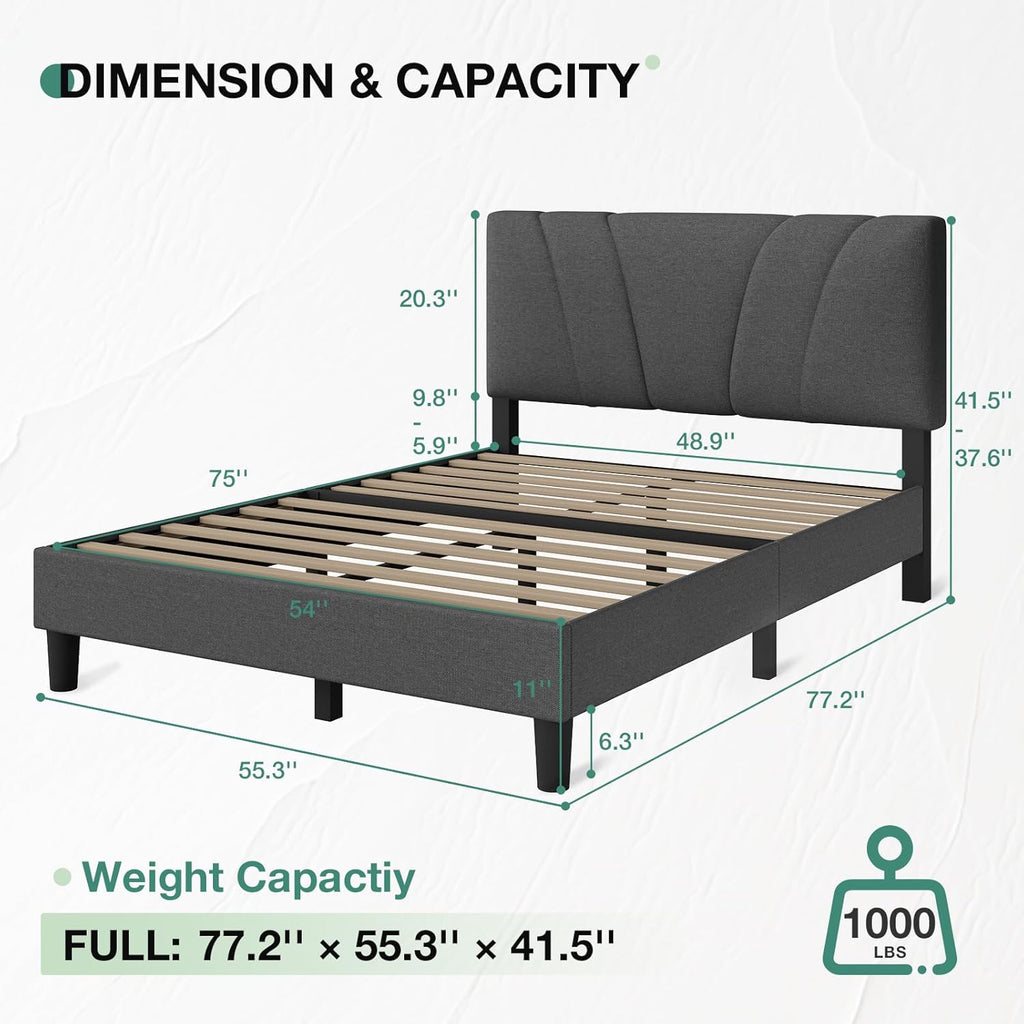 Novilla Full Bed Frame Upholstered Platform Full Size Bed Frame with Adjustable Headboard, Strong Weight Capacity, No Box Spring Needed, Easy Assembly, Grey
