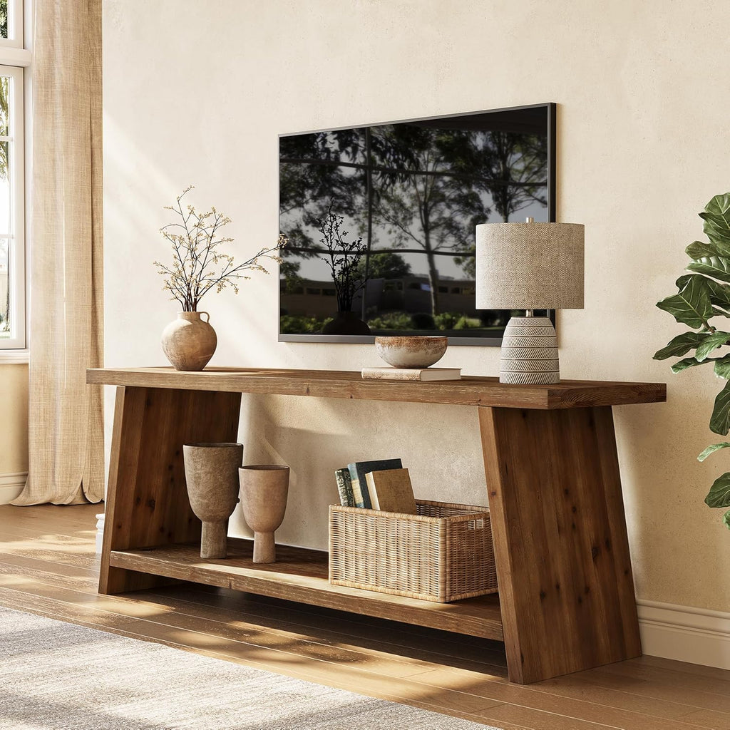 LITTLE TREE Solid Wood TV Stand, Farmhouse Media Console for 55/60/65 inch TV, 2-Tier Mid-Century Modern TV Stand with Storage, for Living Room, Entertainment Center (Walnut, 63-Inch)