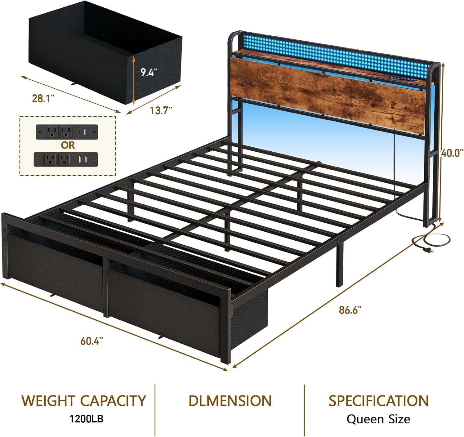 Furnulem Queen Size Bed Frame with Headboard Storage, Platform Bed Frame Queen Size with 2 Drawers, Charging Station and LED Lights, No Box Spring Needed, Noise Free, Easy Assembly (1200 lbs Capacity)
