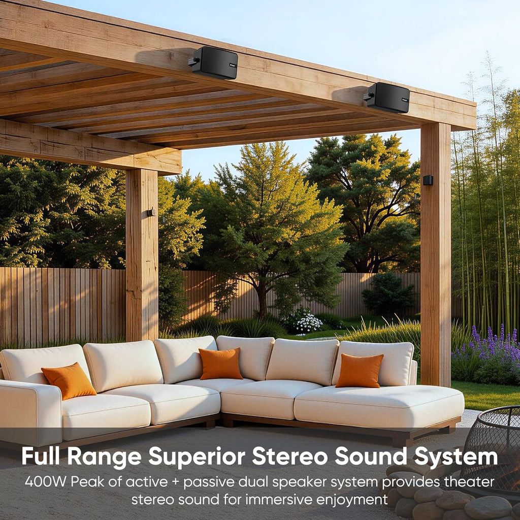 Inwa Upgraded 400W Outdoor Bluetooth Speakers Pair - Active Passive Wall Mount Stereo Speaker, Wireless Multi-Speaker Connection with Auracast, Sound System w/Aux for Porch, Patio, Garage, Home