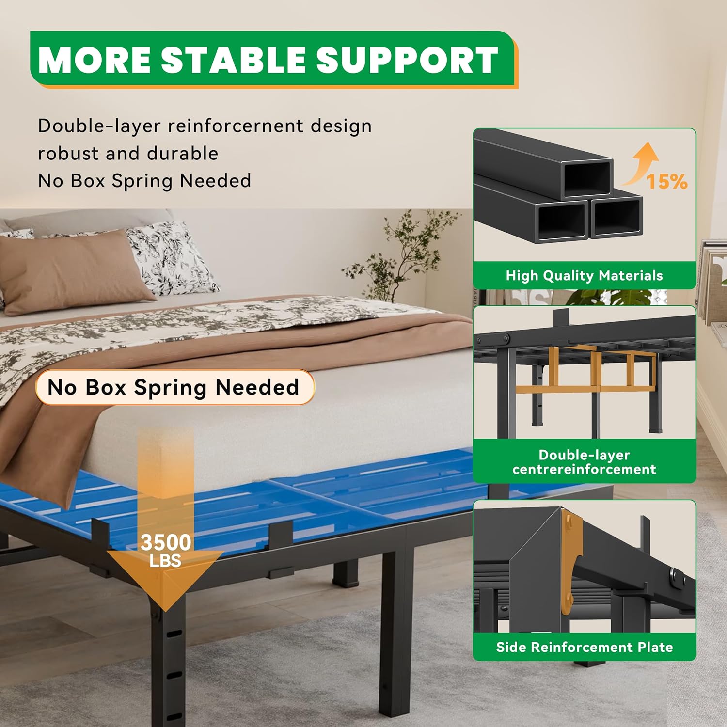 14 Inch King Size Bed Frames, Heavy Duty Metal King Platform 3500 lbs Capacity, No Box Spring Needed, 6 Mattress Slide Stopper, Headboard Holes, Noise-Free, Easy Assembly