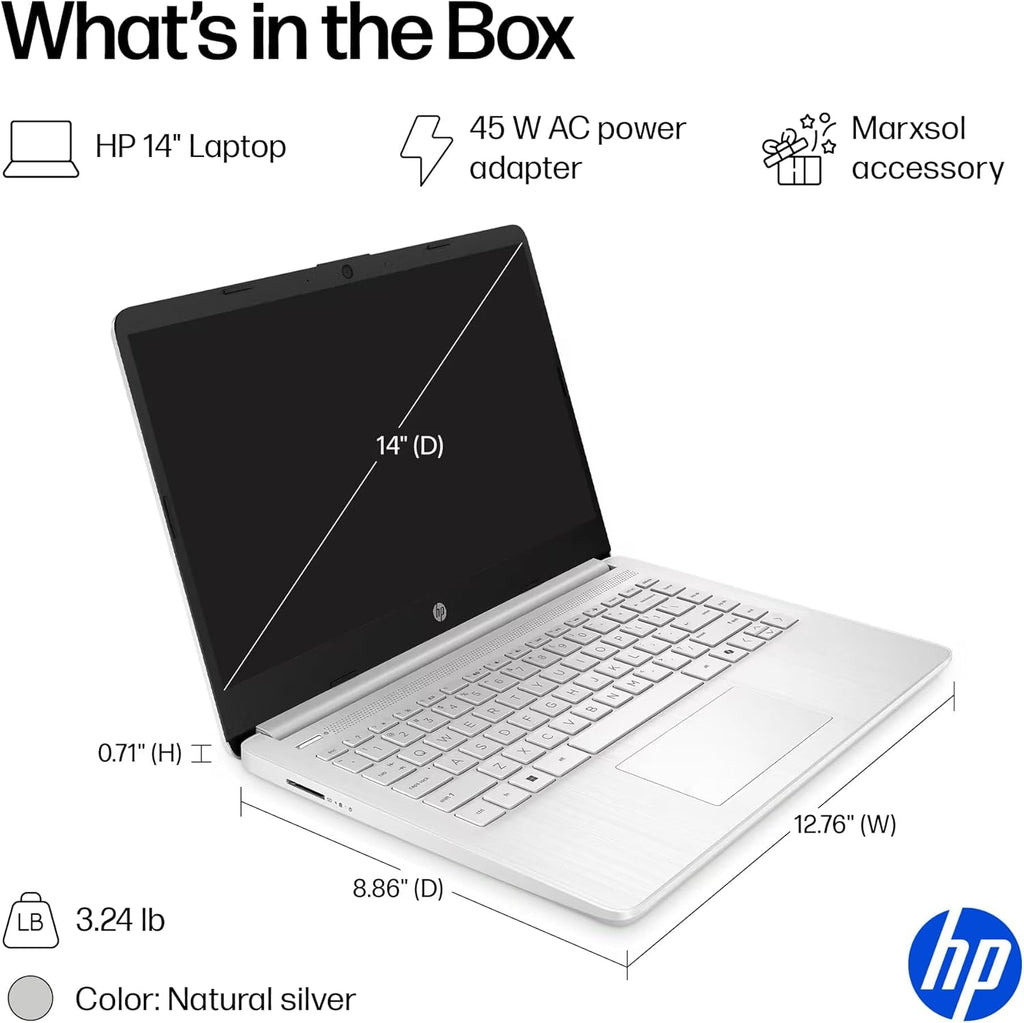 HP 14” Ultra Light Thin Laptop Computer 2026 Premium, MS Office, Copilot AI, 4-Core Intel CPU, 4GB DDR5 RAM, 628GB Storage (128GB UFS+500GB Ext), Long Battery, MarxsolAccessory, Win 11 Pro, Silver