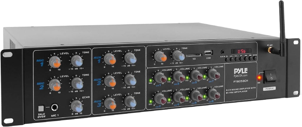 Pyle 8-Channel Wireless Bluetooth Power Amplifier - 4000W Rack Mount Multi Zone Sound Mixer Audio Home Stereo Receiver Box System w/ RCA, USB, AUX - For Speaker, PA, Theater, Studio/Stage - PT8050CH