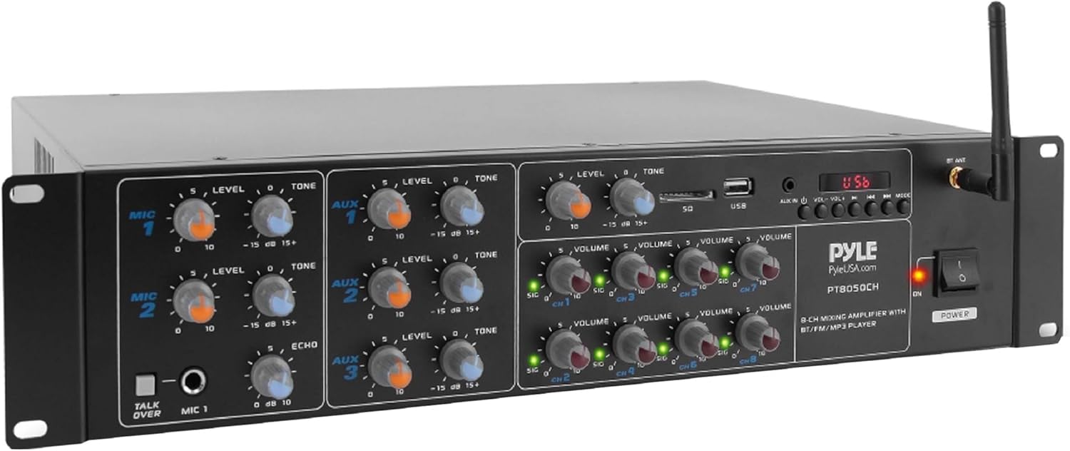 Pyle 8-Channel Wireless Bluetooth Power Amplifier - 4000W Rack Mount Multi Zone Sound Mixer Audio Home Stereo Receiver Box System w/ RCA, USB, AUX - For Speaker, PA, Theater, Studio/Stage - PT8050CH