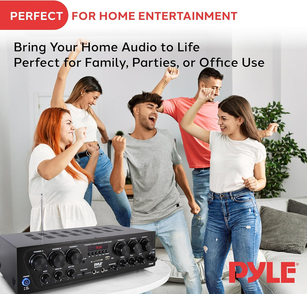 Pyle Bluetooth Wireless Home Amplifier System - Upgraded 6 Channel Audio, 750 Watt Power, Easy Karaoke, Stereo Receiver w USB-A, Micro SD, Headphone, 2 Microphone Input w/Echo, Talkover for PA