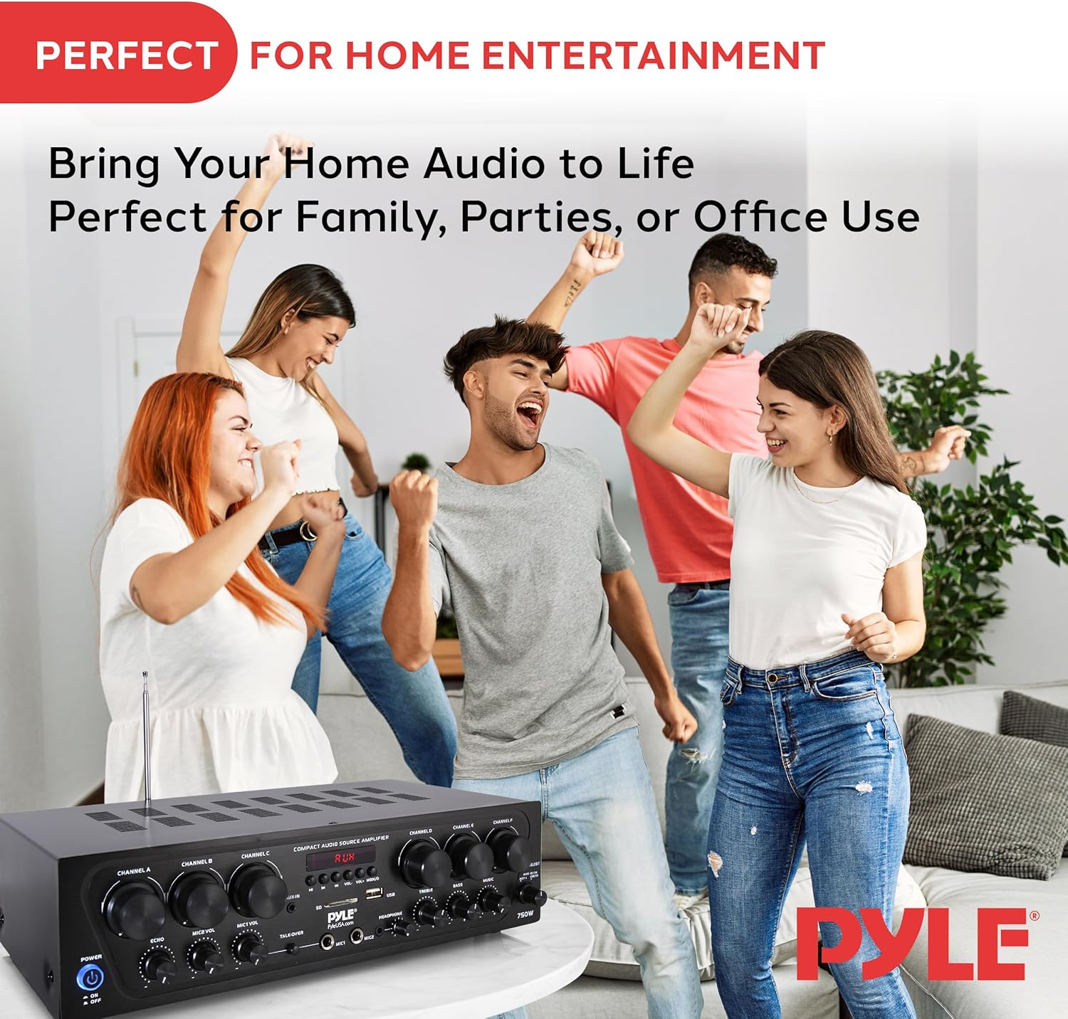 Pyle Bluetooth Wireless Home Amplifier System - Upgraded 6 Channel Audio, 750 Watt Power, Easy Karaoke, Stereo Receiver w USB-A, Micro SD, Headphone, 2 Microphone Input w/Echo, Talkover for PA