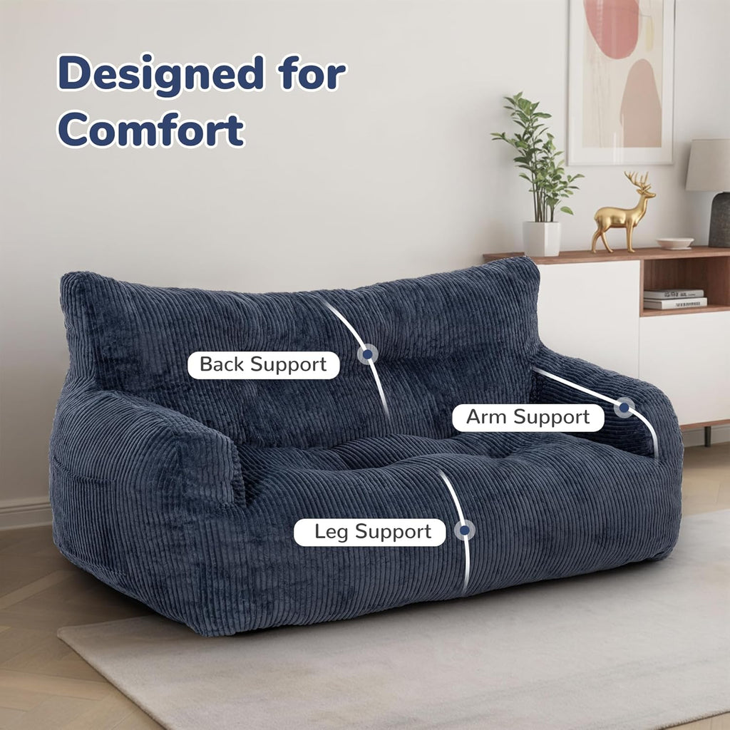59" Bean Bag Chair,2 Seat Loveseat Sofa,Corduroy Lazy Sofa Bed for Adults,Fit Living Room, Bedroom,Outdoor Spaces,Ultra Soft Dutch Velvet,Fluffy Comfort Washable Cover,72h Rebound,Blue