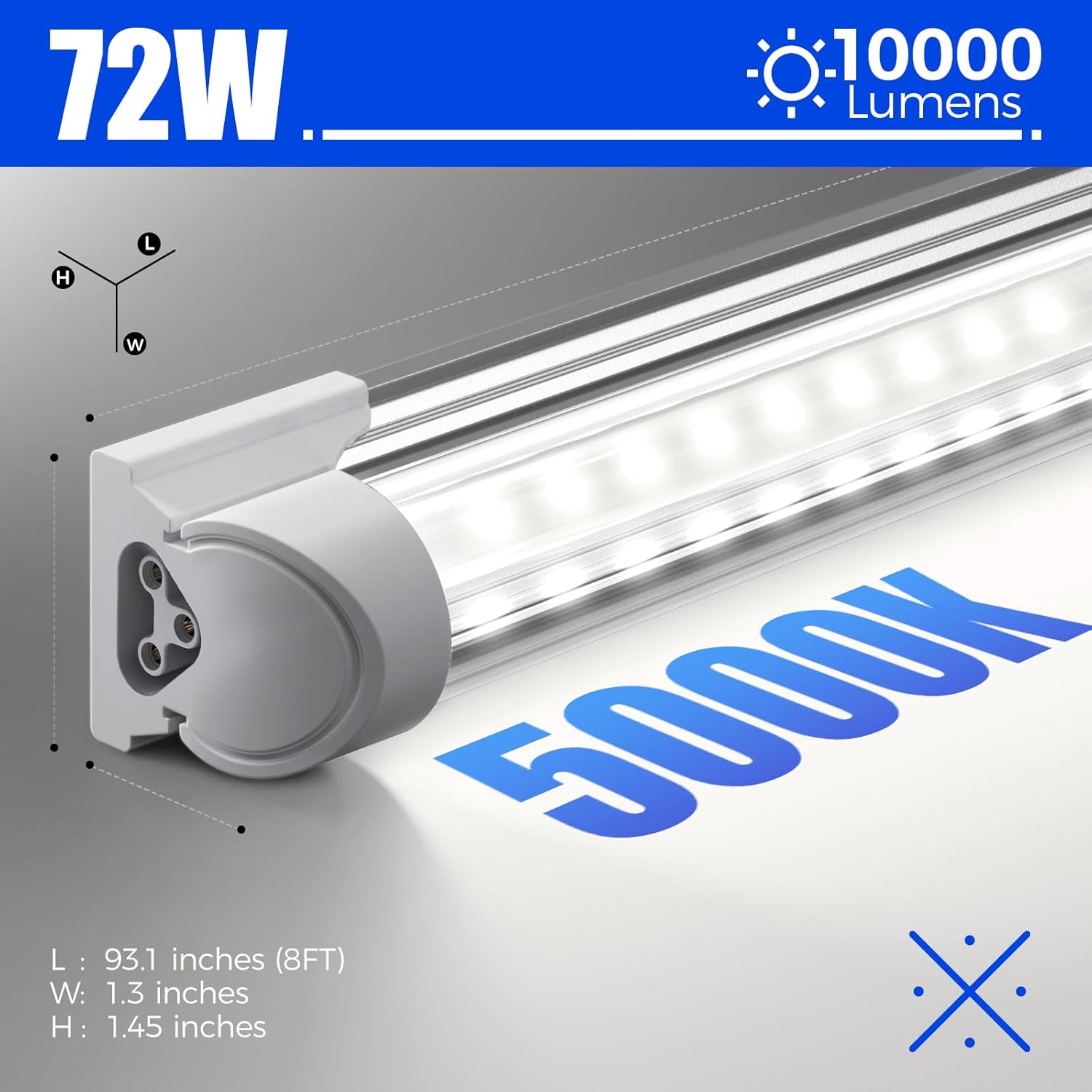 Barrina LED Shop Lights 8FT, 72W 10000LM 5000K, Daylight White, T8 LED Garage Lights, V Shape Clear Cover, High Output Tube, Linkable 8 Foot LED Strip Light for Workshop, Warehouse with Plug, 10 Packs