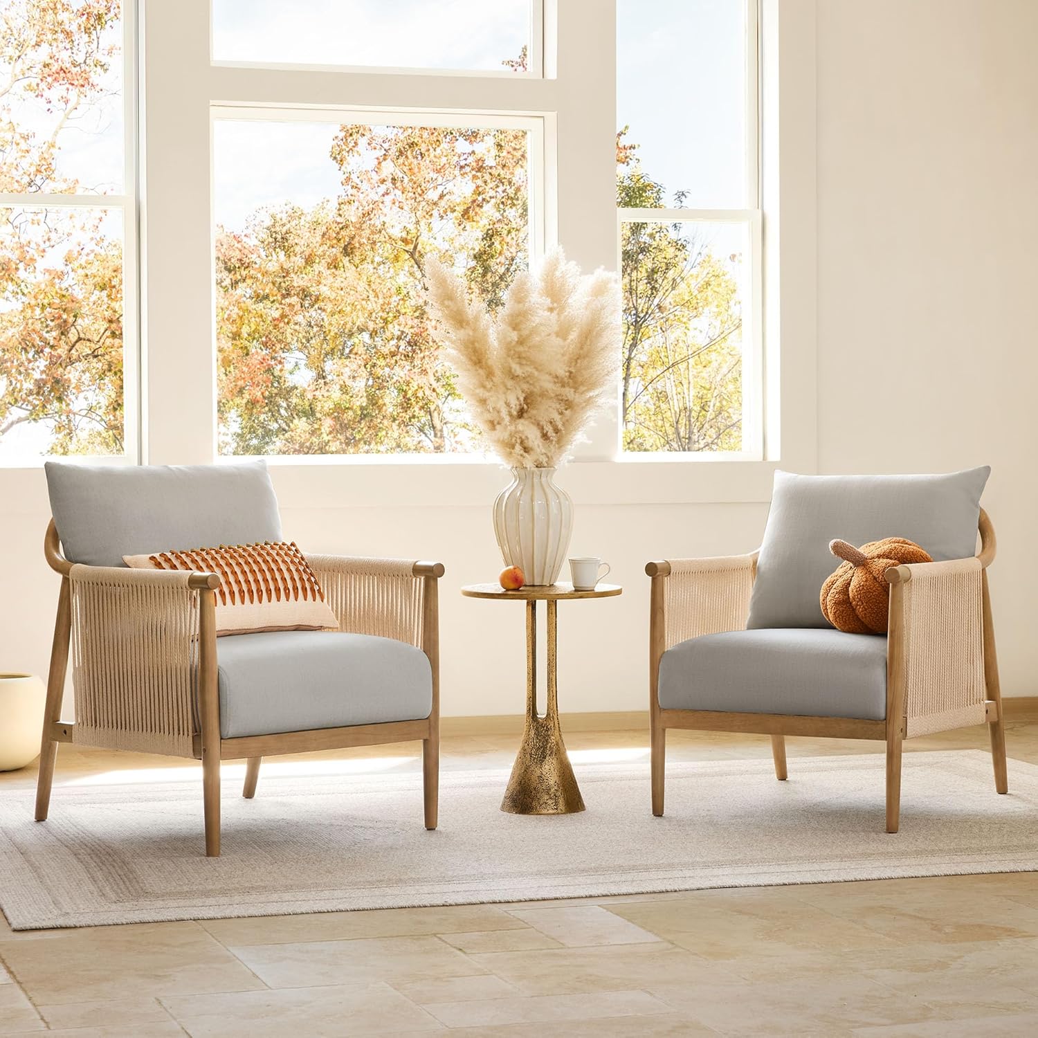 CHITA Braid Accent Chair, Modern Armchair with Solid Wooden Armrest for Living Room and Bedroom, Boho Reading Chair, Light Grey
