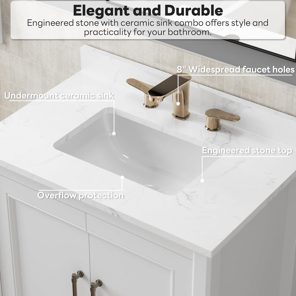 LIKIMIO 30" Bathroom Vanity with Sink, Freestanding Bathroom Vanity with 2 Soft-Close Doors, Engineered Stone Countertop with Undermount Ceramic Sink, Modern Bathroom Vanity, Easy Assembly, White