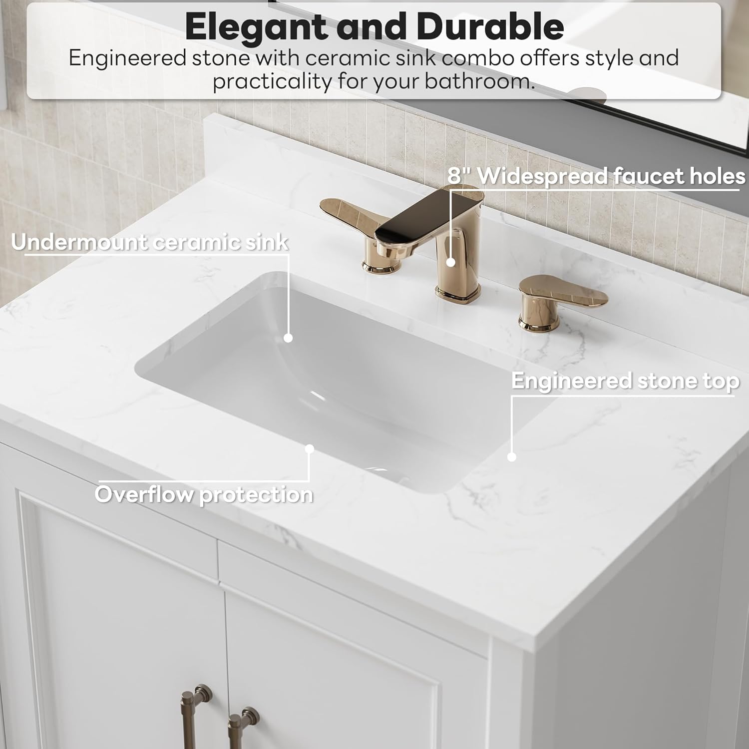 LIKIMIO 30" Bathroom Vanity with Sink, Freestanding Bathroom Vanity with 2 Soft-Close Doors, Engineered Stone Countertop with Undermount Ceramic Sink, Modern Bathroom Vanity, Easy Assembly, White
