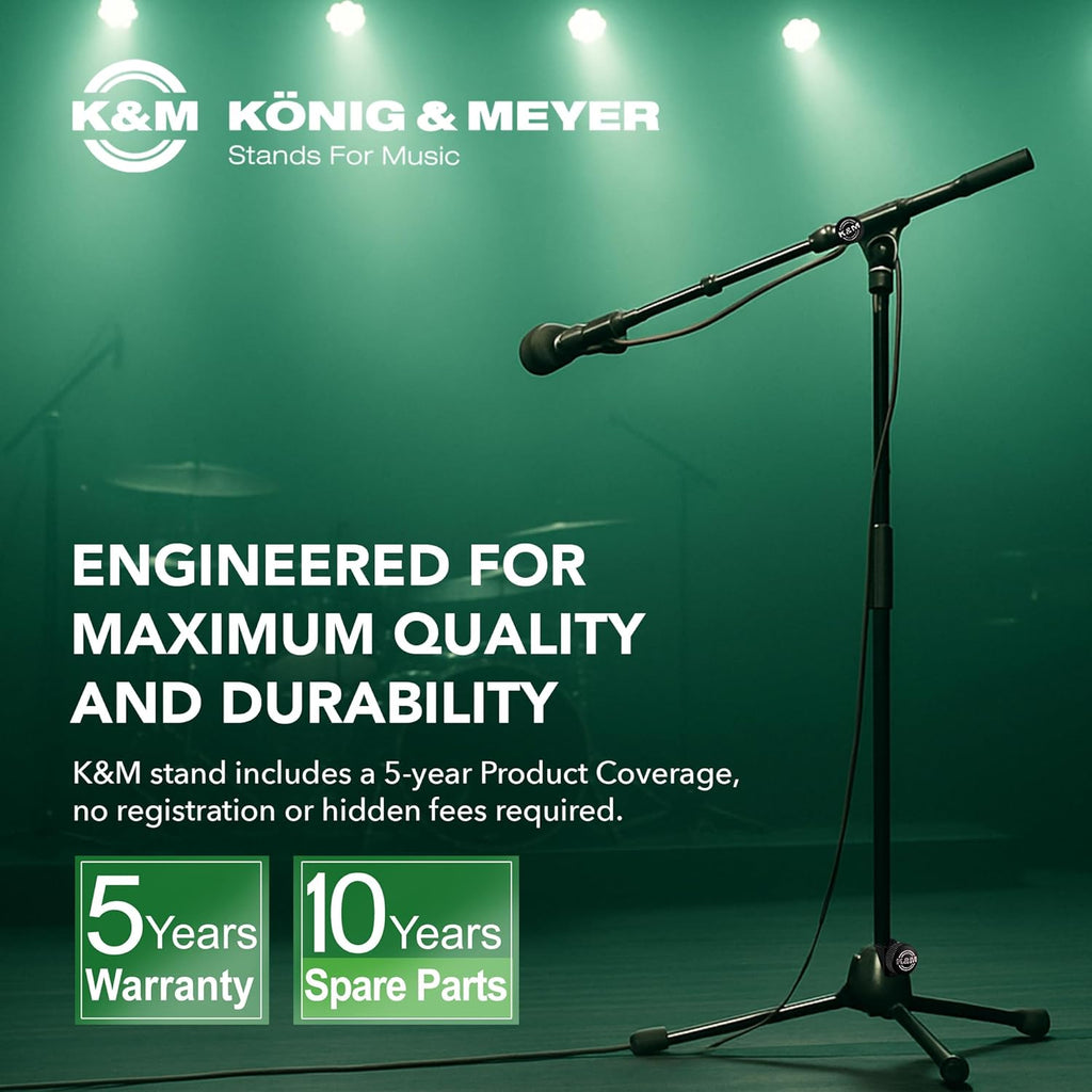 K&M König & Meyer 21090.500.55 Tripod Microphone Stand - Adjustable Telescoping 2-Piece Boom Arm - Professional Grade - Heavy Duty with Folding Leg Base - German Made Black