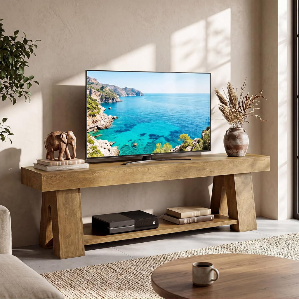 Tribesigns Wooden TV Stand for TVs up to 65'', Natural Brown Modern Entertainment Center with Lower Open Shelf, 63" Farmhouse TV Media Console for Living Room, Bedroom or Home Office
