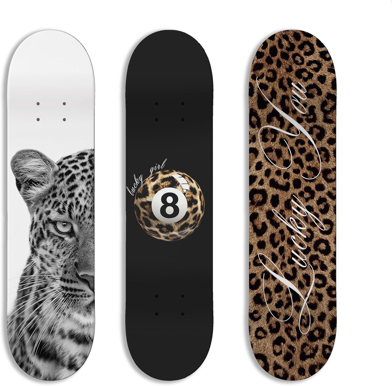 TwoDays Stockholm Cheetah Skateboard Wall Decor - Leopard Print Modern Style Wall Mount Art Set for Men's Apartment & Dorm, Cool Skate Deck, Trendy Skater Room Design (Set of 3)