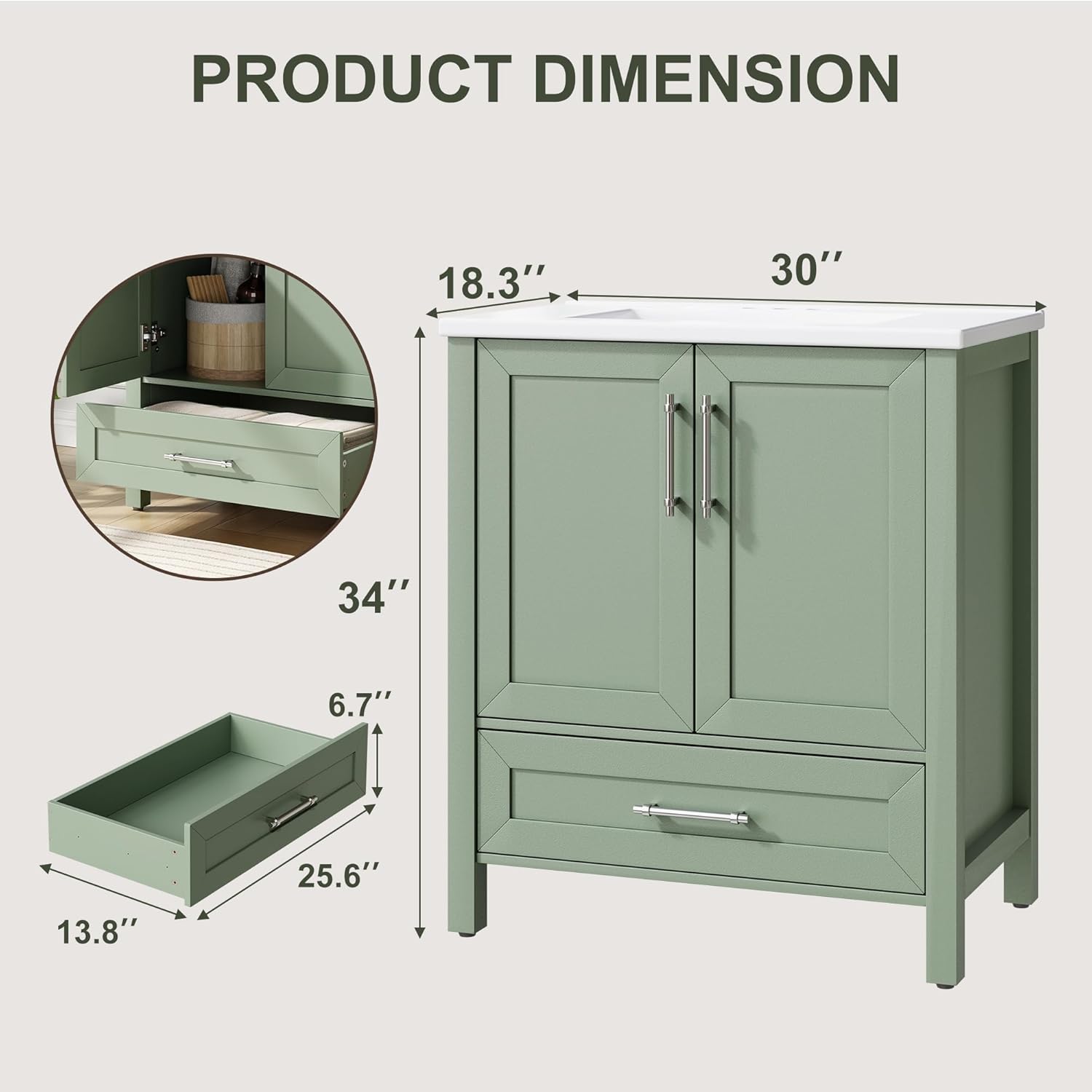 IDEALHOUSE 30" Bathroom Vanity with Sink, Freestanding Wooden Bathroom Vanity Cabinet with Soft-Closing Door and Metal Handle, Modern Floor Standing Storage for Small Spaces,Light Green