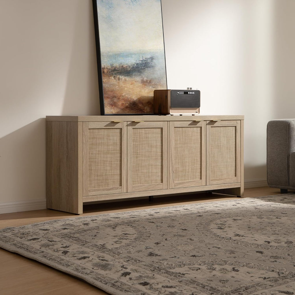 SICOTAS TV Stand for Living Room Boho Entertainment Center for Bedroom with 4 Rattan Cabinets Farmhouse Television Stands with Storage Large Media Console Table for TVs up to 65 Inch