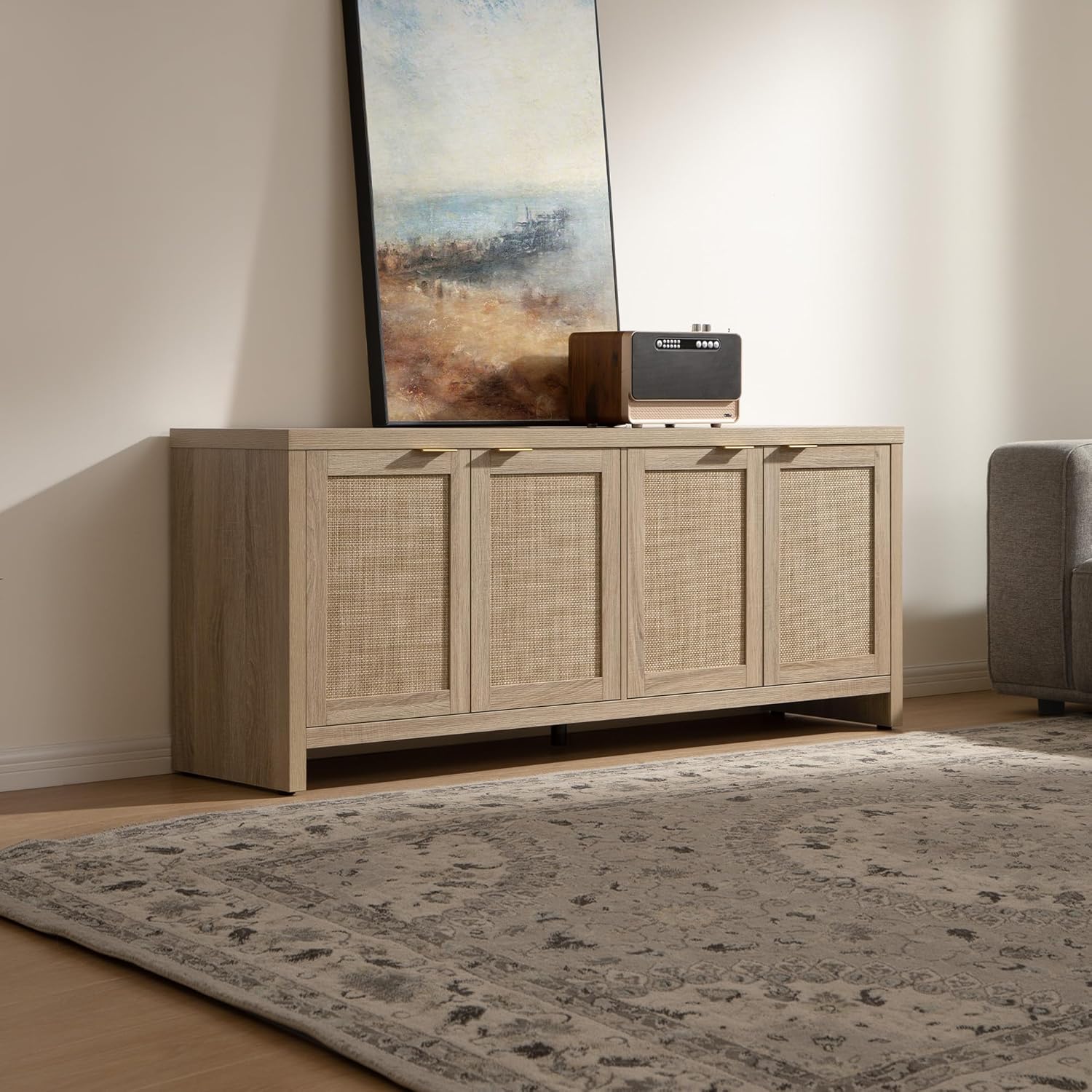 SICOTAS TV Stand for Living Room Boho Entertainment Center for Bedroom with 4 Rattan Cabinets Farmhouse Television Stands with Storage Large Media Console Table for TVs up to 65 Inch