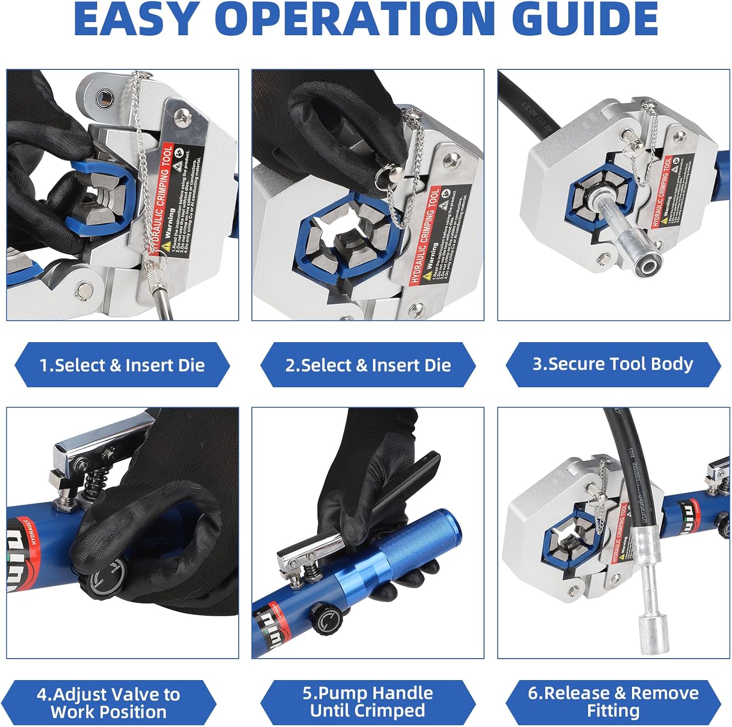 FS-7842A Hydraulic Hose Crimper Kit - 8T Handheld Crimping Tool w/Quick-Lock Dies, 7 Molds for Auto A/C, HVAC & Industrial Piping (3/8"-7/8")