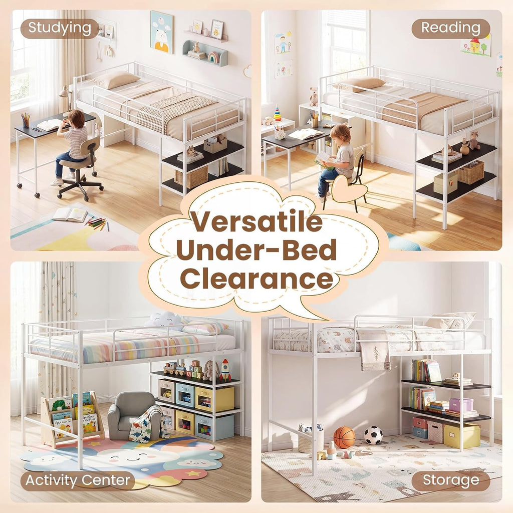 Giantex Low Loft Bed with Desk & Bookshelf, Twin Size Platform Bedframe w/Sturdy Metal Slats, Storage Bookcase & Rolling Desk, Kids Loft Bed for Boys Girls, No Box Spring Needed (White)