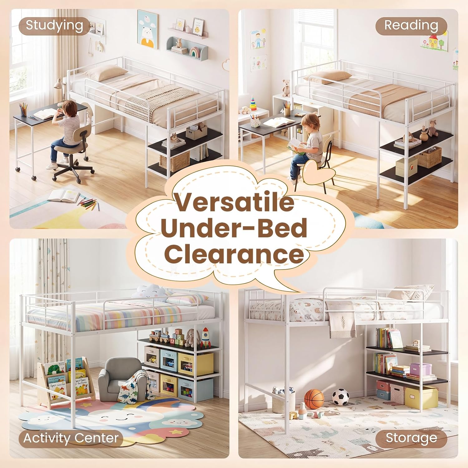 Giantex Low Loft Bed with Desk & Bookshelf, Twin Size Platform Bedframe w/Sturdy Metal Slats, Storage Bookcase & Rolling Desk, Kids Loft Bed for Boys Girls, No Box Spring Needed (White)