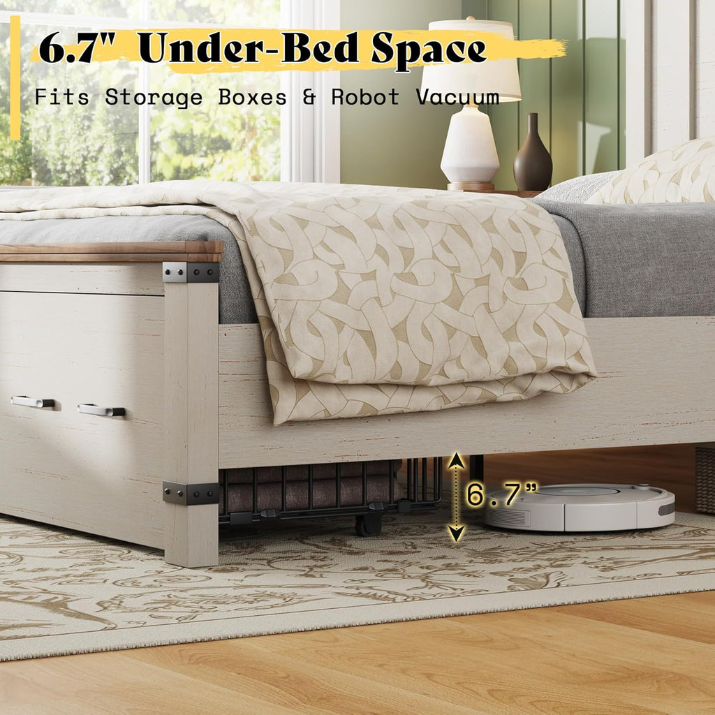 AMERLIFE Queen Bed Frame with Drawers, 54" Tall Headboard, Wood Platform Bed, No Box Spring Needed, Farmhouse Bedframe for Bedroom, Rustic White